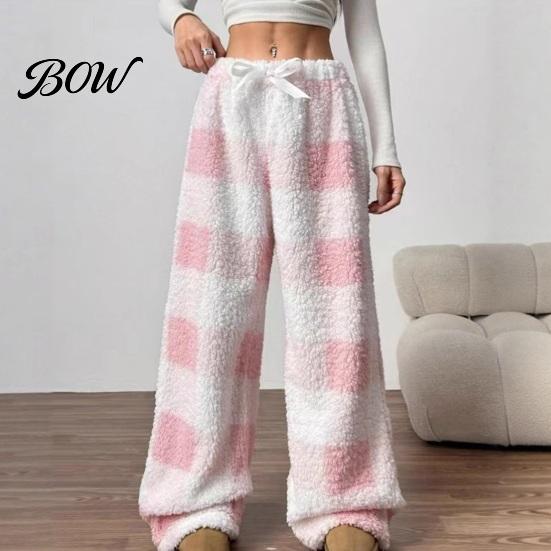 Soft Skin Friendly Sleep Pants Women Plaid Wide Leg Pants, Drawstring High Waist Thick Coral Fleece Velvet Trousers Warm Loungewear, Anti-Pilling