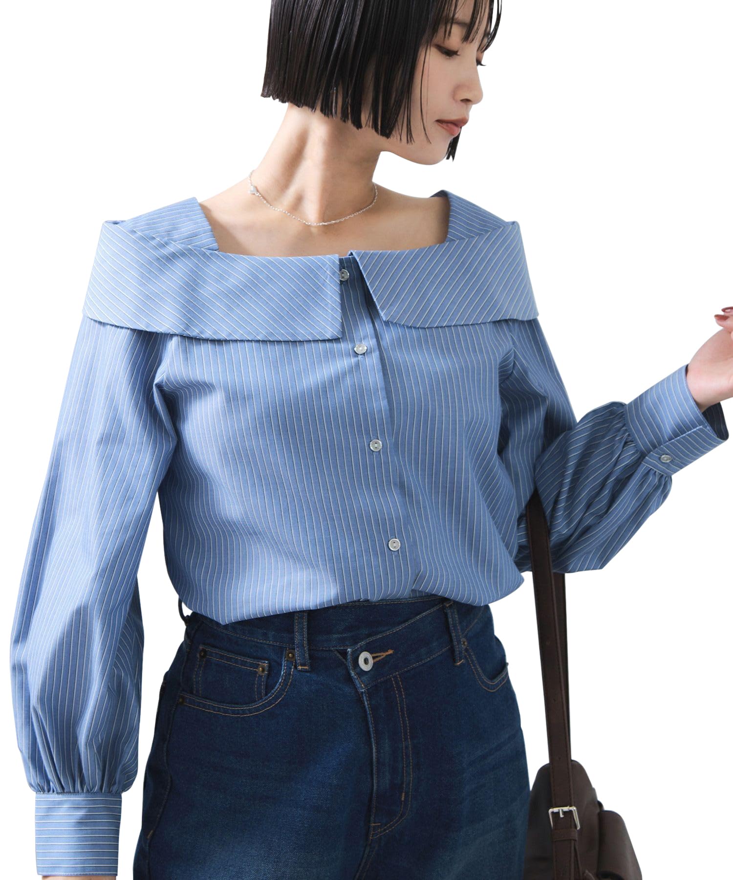 

long sleeve blue F [BIS] Off-the-shoulder blouse/easy care, (45),
