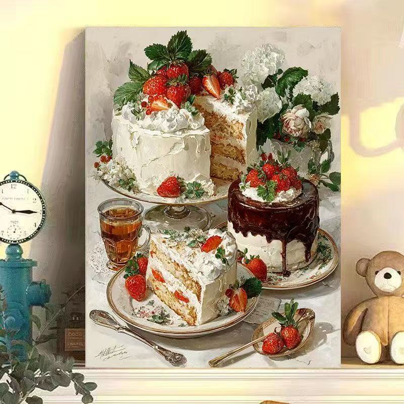 Diy Digital Oil Painting Retro Style Strawberry Cake Series Hand-Filled Coloring Oil Painting Decompression Healing Decoration
