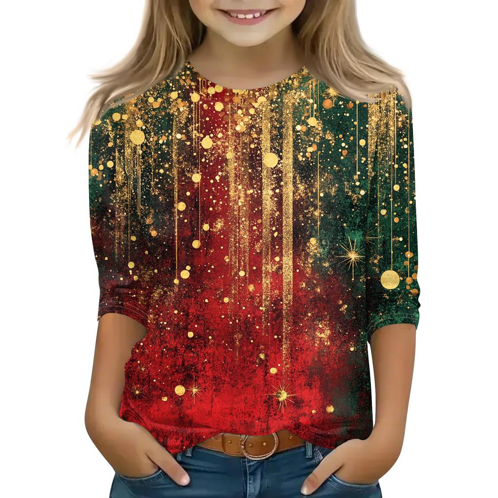 Christmas Day Print Tops For Youth Girls 5-16 Years Round Neck 3/4 Sleeves T-Shirts Trendy Tops Outfit Tees