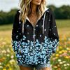 Women's Floral Print Long Sleeve Hooded Jacket with and Pockets Casual Fashion
