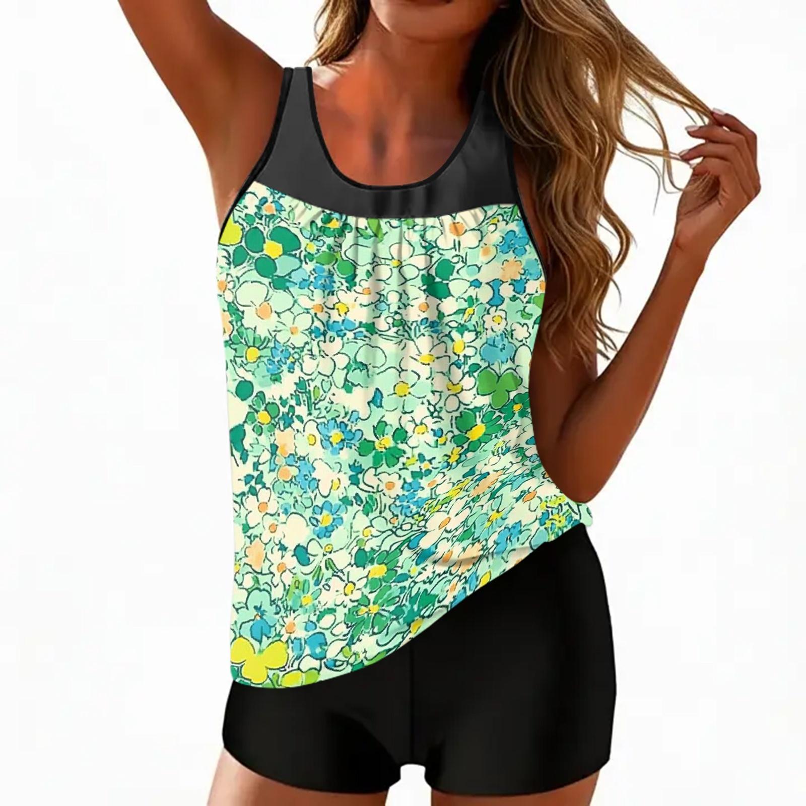 

Women’s Sleeveless Tankini Top and Shorts Set with Floral Print Scoop Neck Swimwear for Beach Pool Vacation XXL зелений
