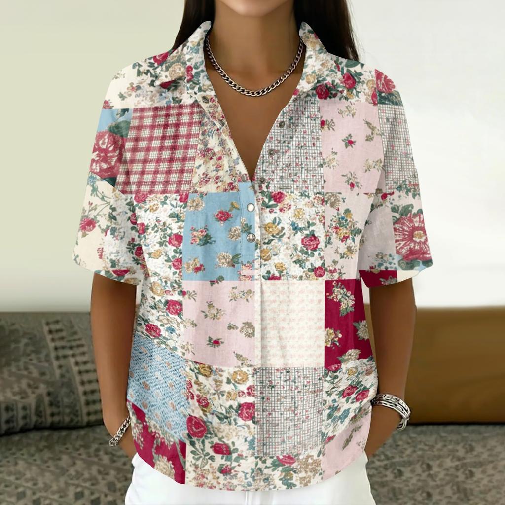 Women's Vintage Floral Print Short Sleeve Shirt Button Down Loose Fit Lapel Collar Casual Blouse Lightweight Linen Blend Top