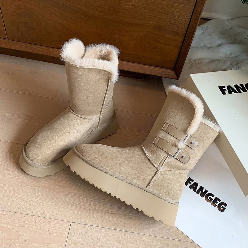 Women's soft elastic thick sole winter fur one warm cold padded snow boots non-slip wear casual sports cotton boots