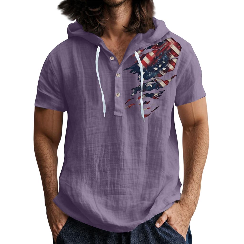 Men'S Casual Short Sleeved Hooded Top Buttoned Open Neck T-Shirt