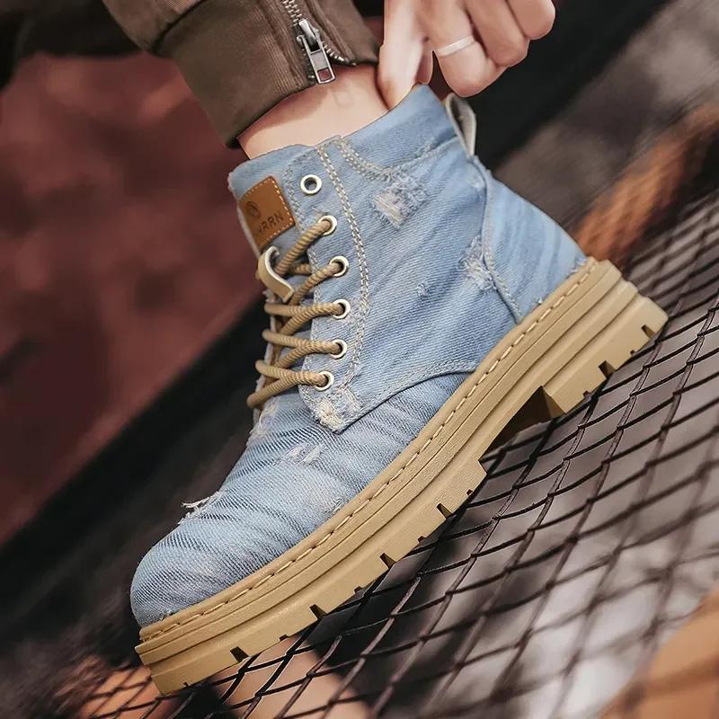 Shoes for Men Outdoor Male Booties Denim Boots Motorcycle Ankle Boots Fashionable Casual Retro British Style Work Boots  New