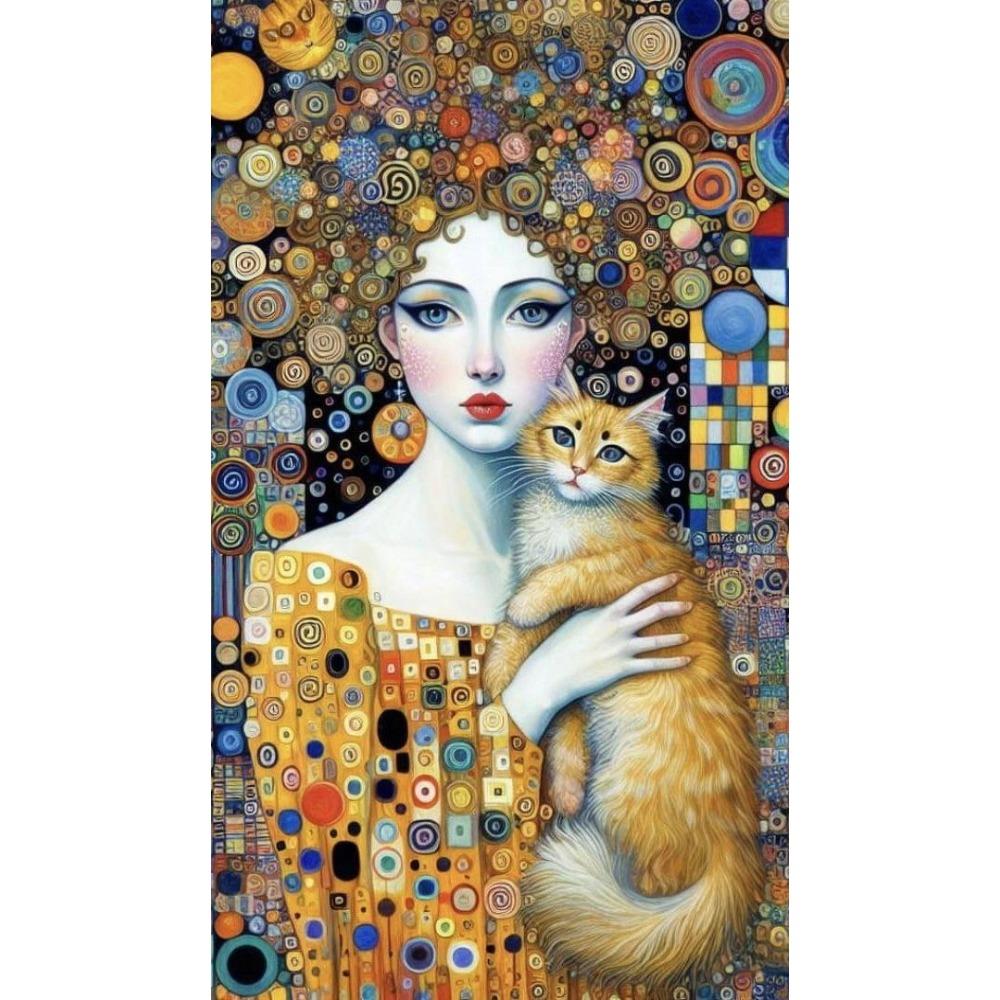 Abstract Woman And Cat Canvas Painting Wall Art Gustav Klimt Art Elegant Girl Poster Prints For Office Living Room Home Decor