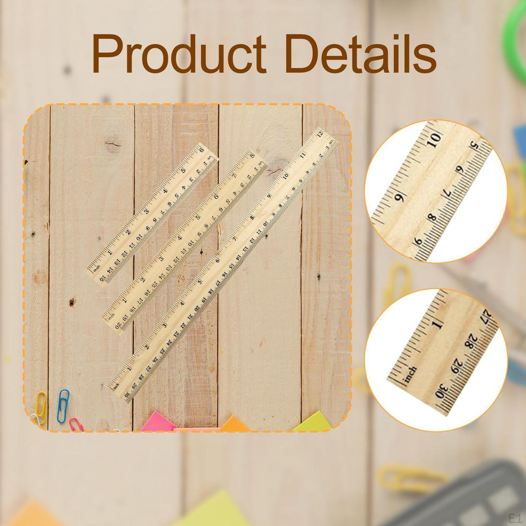 3x Wooden Ruler Measuring Drafting Rulers 15cm 30cm 20cm,Easy To Read Markings,Straight