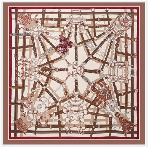 POBING Silk Scarf Women Large Shawls Euro Belt Chain Print Stoles Square Bandana Luxury Kerchief Scarf Female Foulards