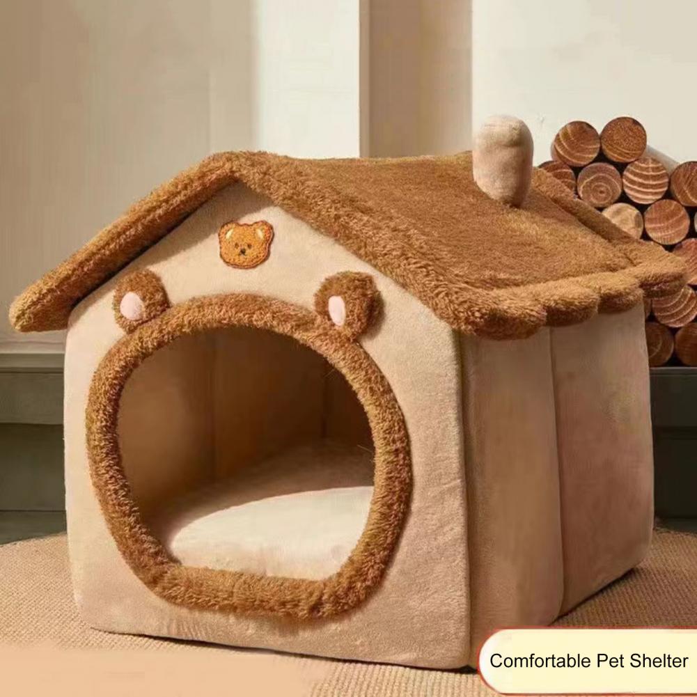 Pet Bed with Removable Cushion Pillow Cartoon Bear Enclosed Cat Dog House Kitten Puppy Warm Plush Sleeping Nest Pet Supplies