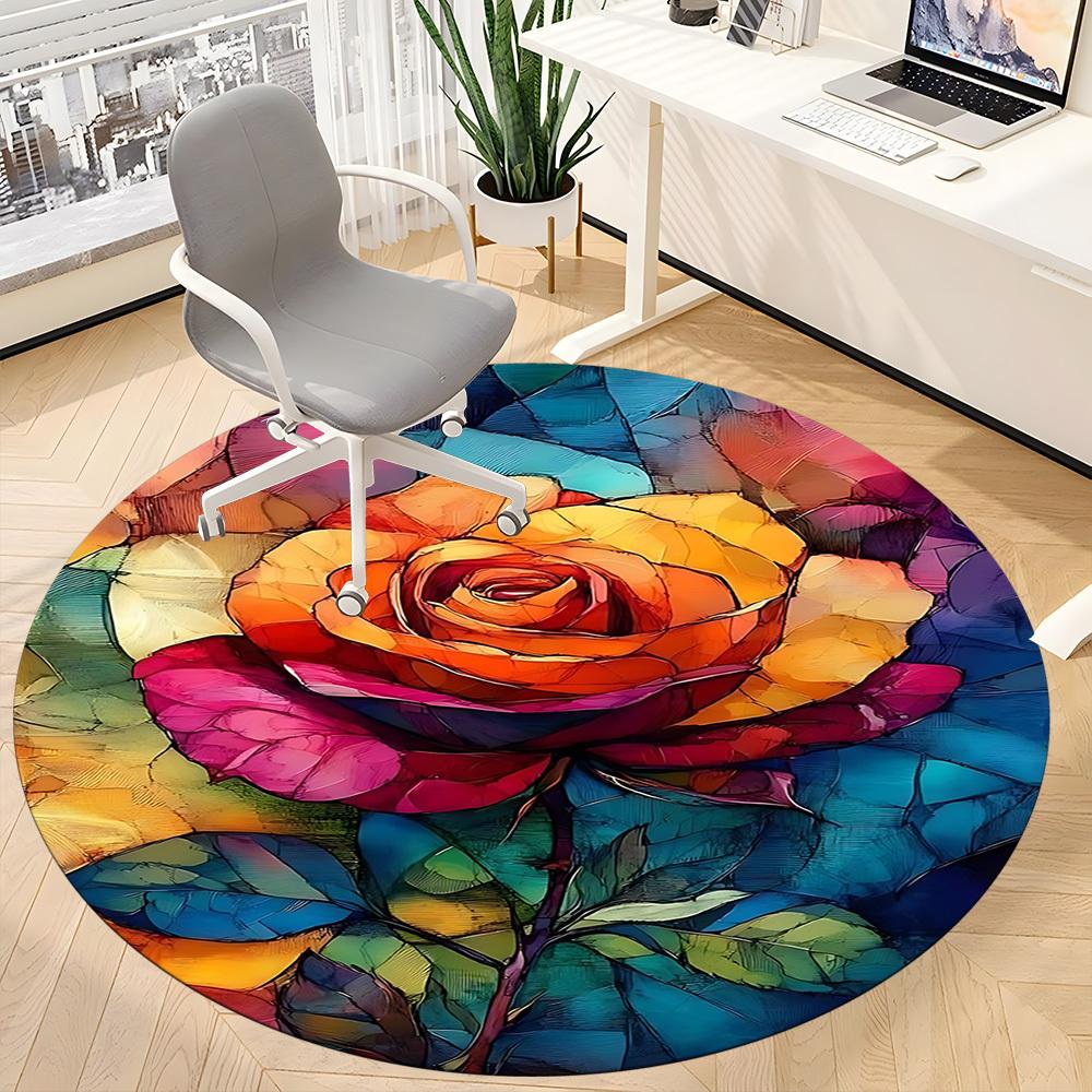 1pc Rose Bloom Office Round Area Rug, Under Office Chairs Bedroom Living Room Home Decor, Room Deco