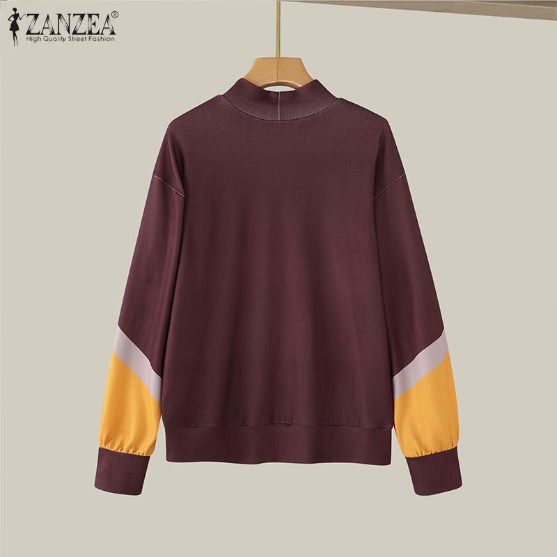 ZANZEA Women Colorblock Half-Turtleneck Long Sleeve Patchwork Blouse