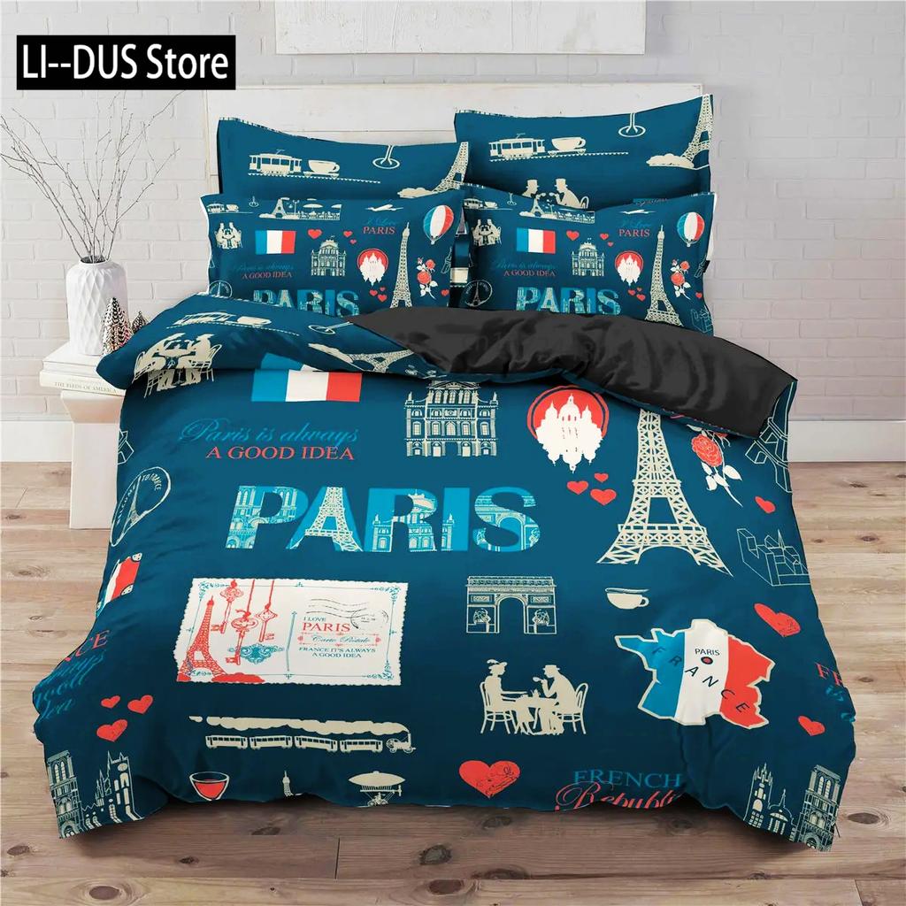Comforter Eiffel Tower King Size Paris Tower Bedding Set Microfiber French Style Home Decor Grey Cityscape