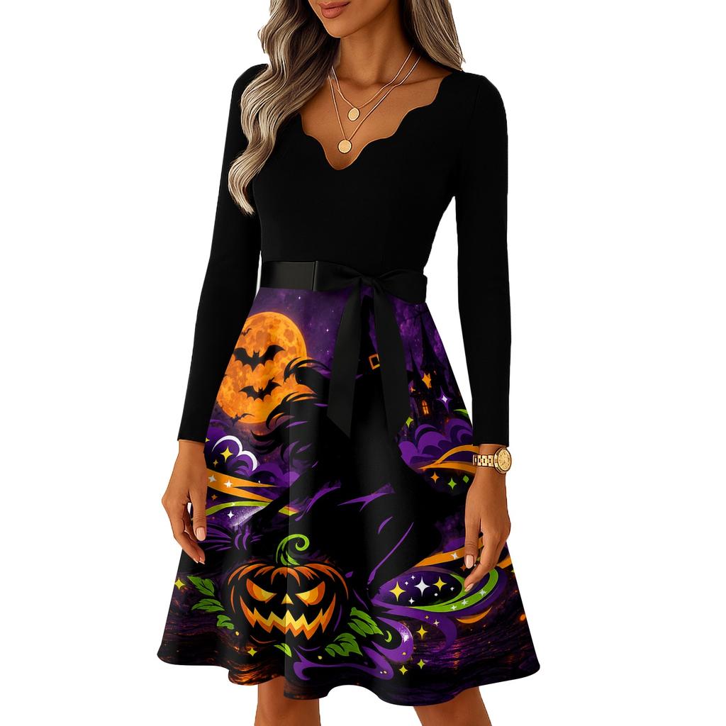 Women's Vintage Casual Halloween Dress with Long Sleeve V-Neck and Blood Drop Print
