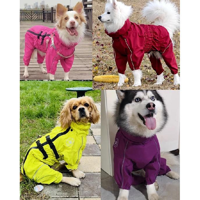 Dog Rain Coat Hooded Detachable Dog Raincoat Waterproof Dog Jump Suit Adjustable Dog Rain Jacket Reflective Large Dog Clothes