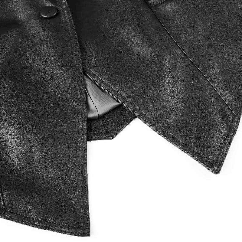 Womens Faux Leather Jacket Fall Winter Lapel Adjustable Belt Slim Fit Black Motorcycle Coat