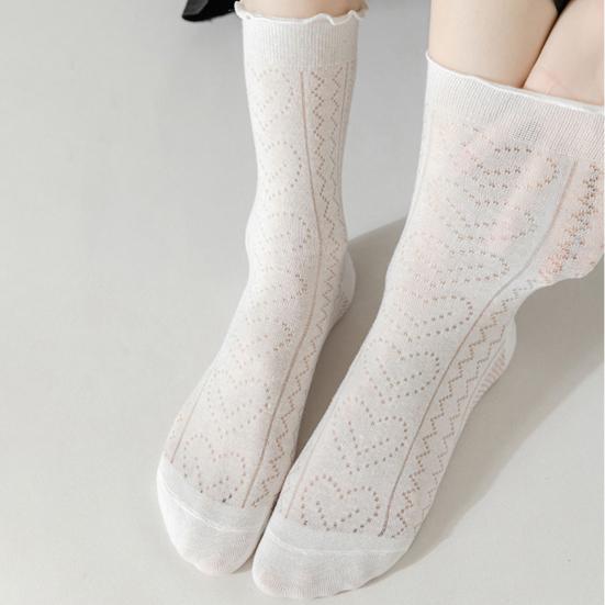 1 Pair Women Summer Socks Mid-tube Thin Shirring Lace Anti-slip Cooling Solid Color High Elasticity Sweat Absorption Adult Home Yoga Socks Piled Socks