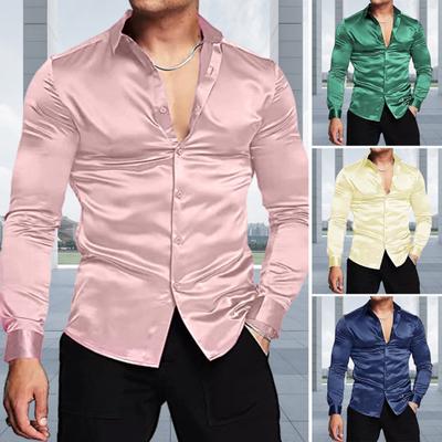 Cămașă pentru bărbați din mătase strălucitoare ca satin, cu mânecă lungă, ocazională, cămașă de rochie slim fit, cu rever, cămăși cu nasturi