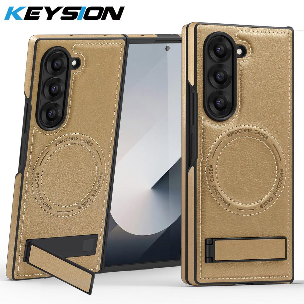 KEYSION Luxusní PU kožené magnetické pouzdro pro MagSafe pro Samsung Galaxy Z Fold 6 5 4 3 5G Kickstand Bezdrátové nabíjení Kryt telefonu