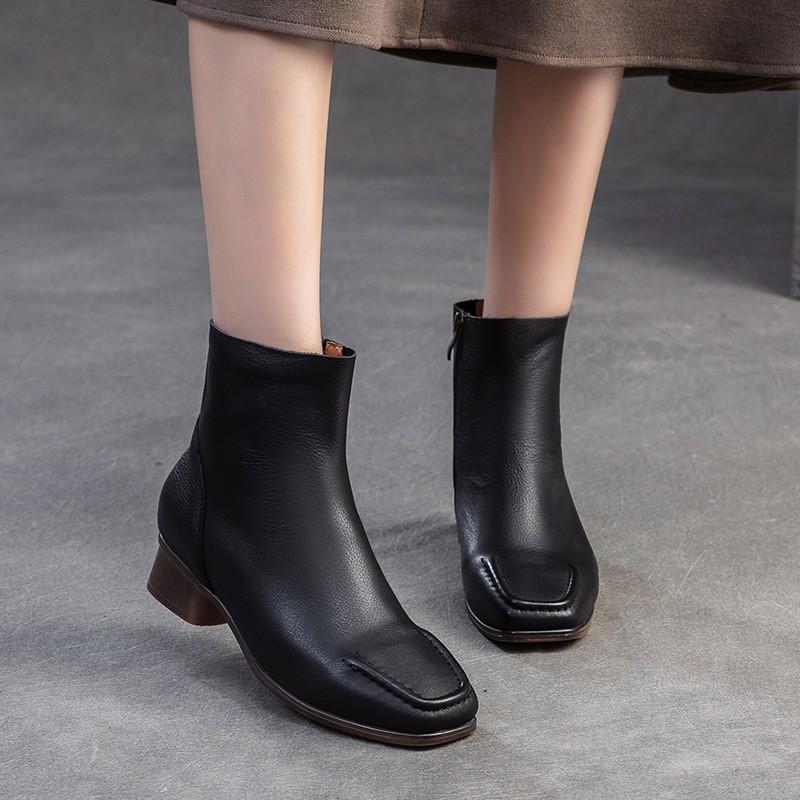 Johnature Square Toe Thick Heel Boots Versatile Genuine Leather Short Boots Commuting Women's Shoes
