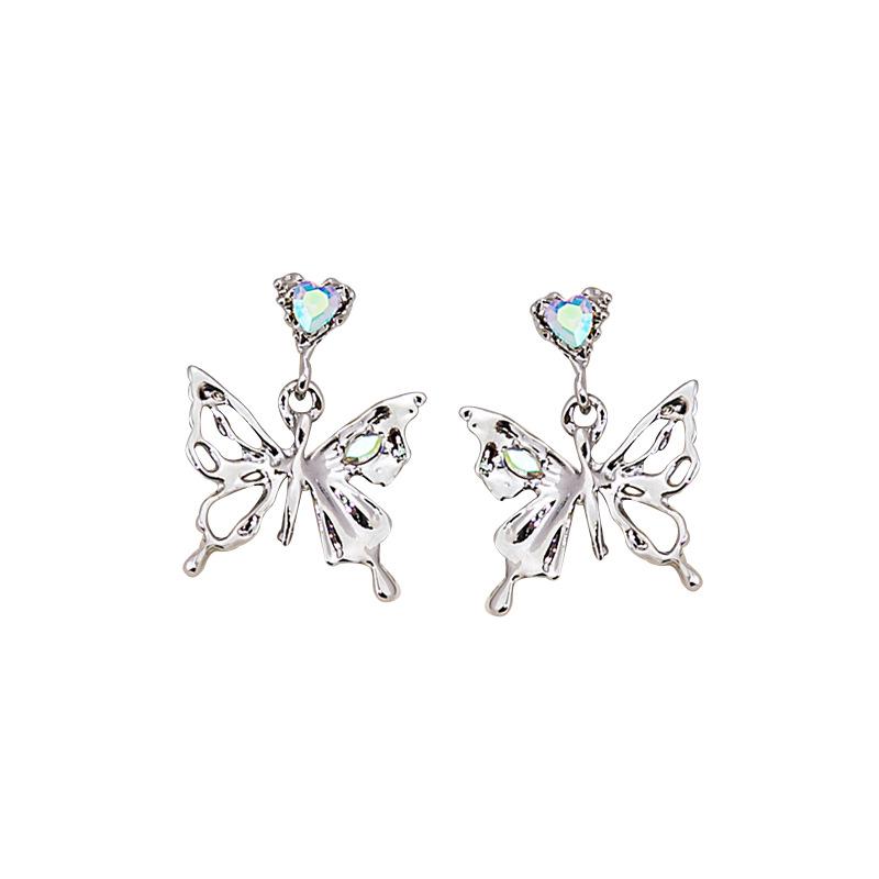 Colorful Love Crystal Stud Earrings, Fresh And Sweet Diamond Earrings, Light Luxury Hollow Butterfly Earrings
