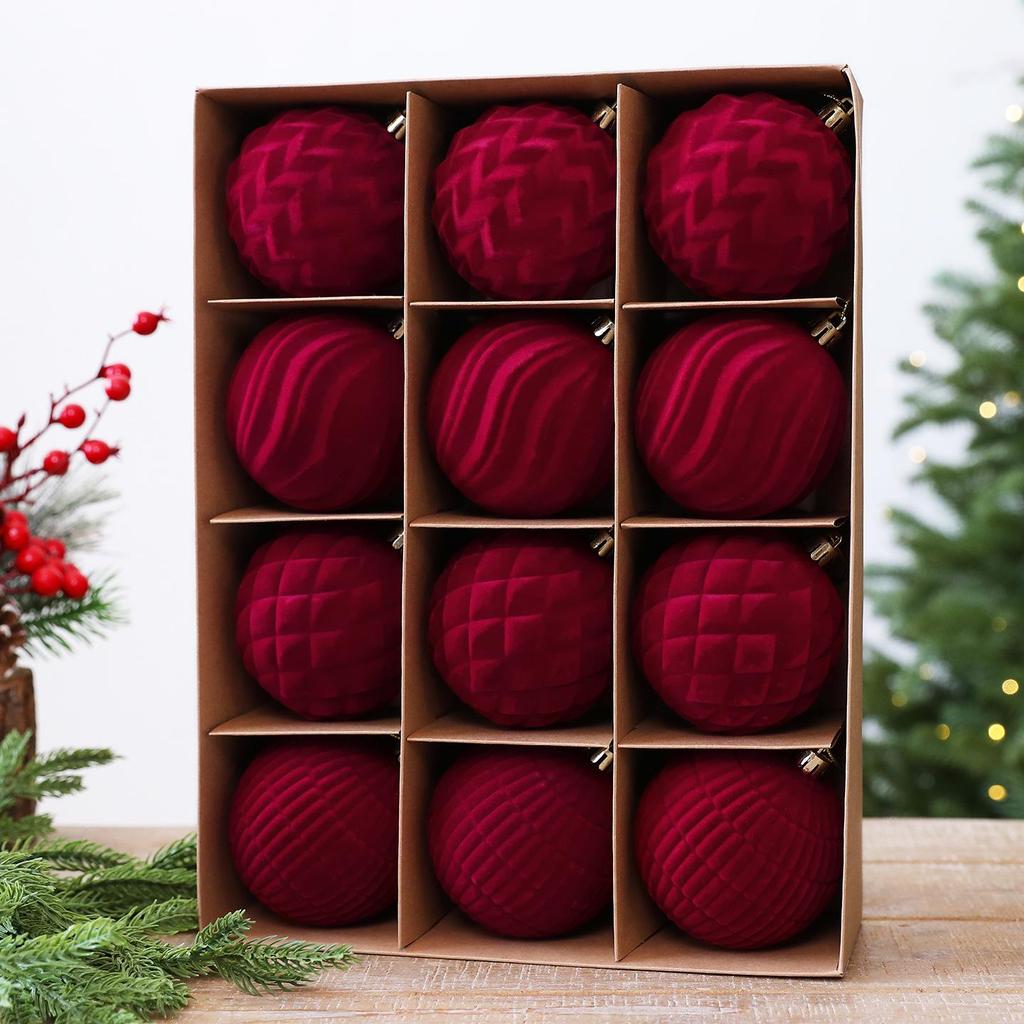 Flocked Velvet Christmas Ball Set - Embossed Decorative Tree Ornaments
