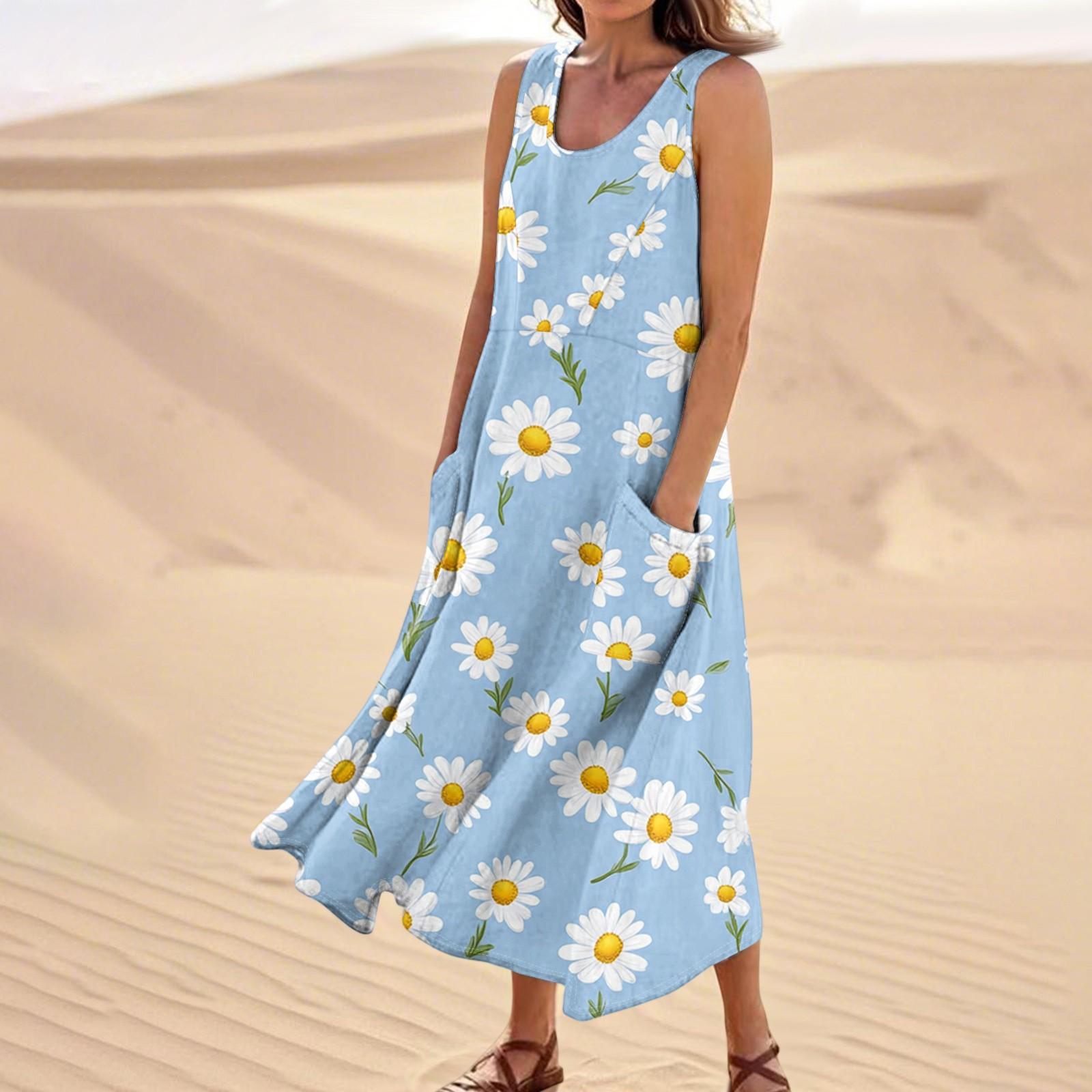 

Женское летнее повседневное модное платье без рукавов с цветочным принтом и карманом M светло-синий