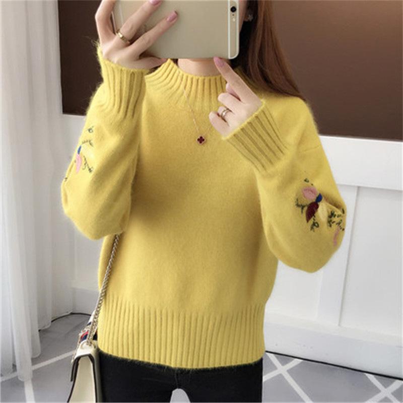 Autumn and Winter Women's Half Neck Pullover Sweater Embroidered Knitted Sweater for Women