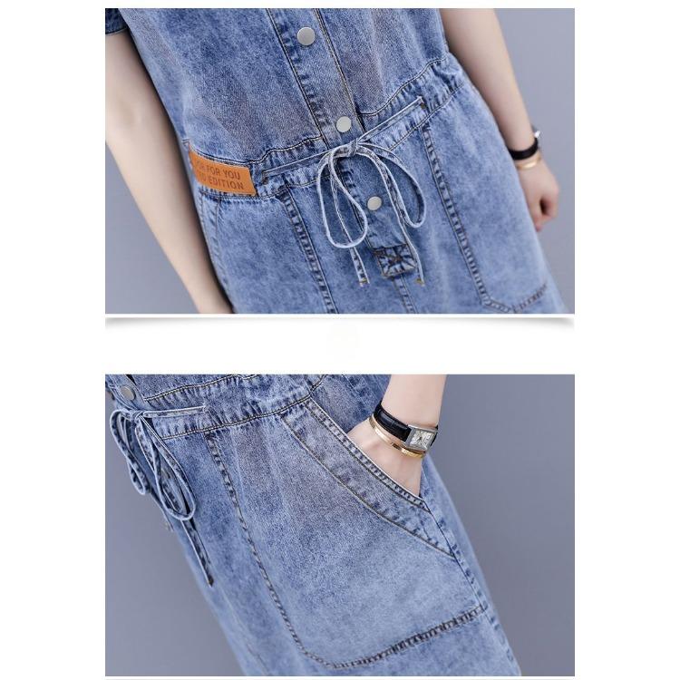 Lässiges Jeanskleid Damen Europäische Slim Fit A-Linie Midi Taillenbetonung Übergröße Leicht Sommer Mode