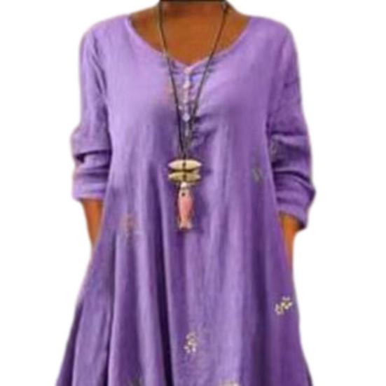 Loose Dress Round Neck Ankle-length Irregular Hem Floral A-line Dress With Pocket for