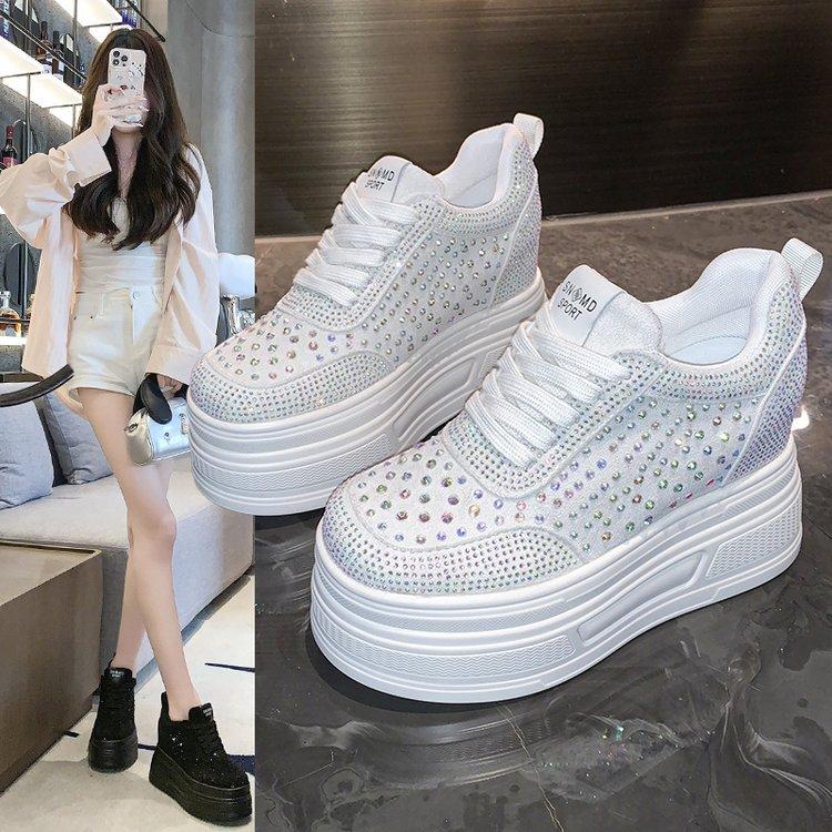 New Summer Leather Korean Version of Sports and Leisure Inner Height-increasing Rhinestones Glittering Mesh Breathable and Lightweight Dad Shoes Wo