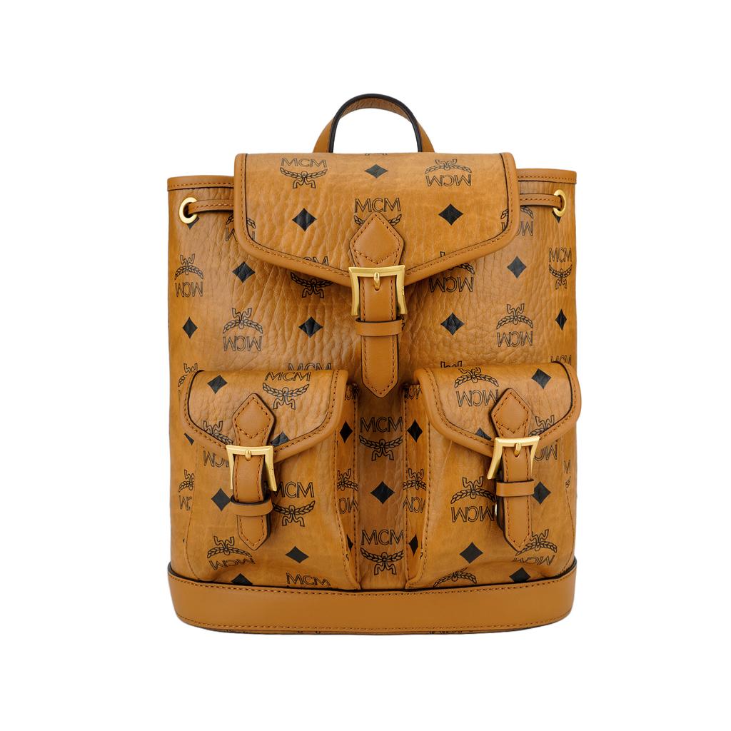 Mcm Aren Gold-Toned Brass Hardware Synthetic Leather And Cowhide Patchwork Double Shoulder Bag Mini Female Style Brown