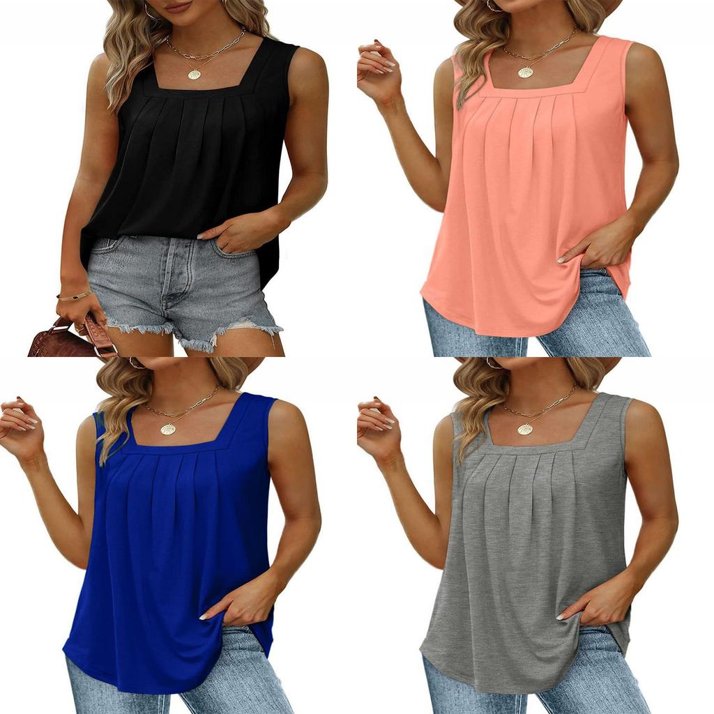 Sleeveless Square Neck Tank Top For Women With Wrinkled Design For Casual Wear