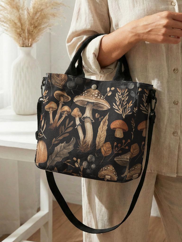 Vintage Mushroom Leaf Botanical Print Tote Bag Detachable Strap Crossbody Handbag For Women Daily Shopping