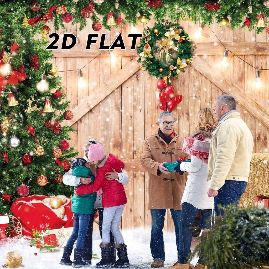 Świąteczny wystrój farmy Rustykalne tło fotograficzne z motywem drzwi stodoły z czerwonymi i złotymi ozdobami, choinkami, świąteczny wystrój do studia fotograficznego, na imprezę