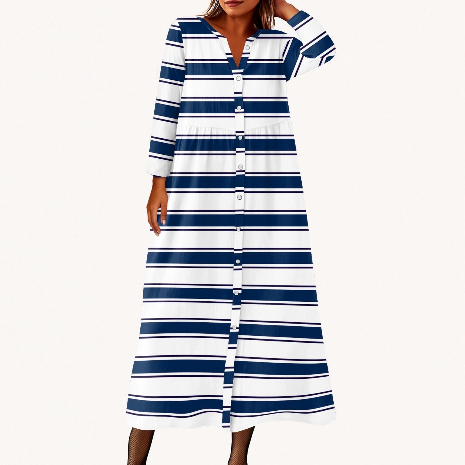 

Women s Fashionable Printed Round Neck Seven Quarter Sleeve Button Loose Shirt Dress XL Темно-синій