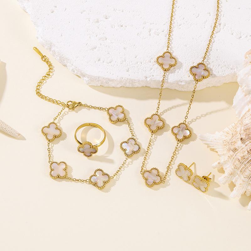 4pcs Four-Leaf Clover Four-Piece Set Including Necklace, Bracelet, Earrings and Ring, Versatile Lucky Five-Petal Fashion Jewelry