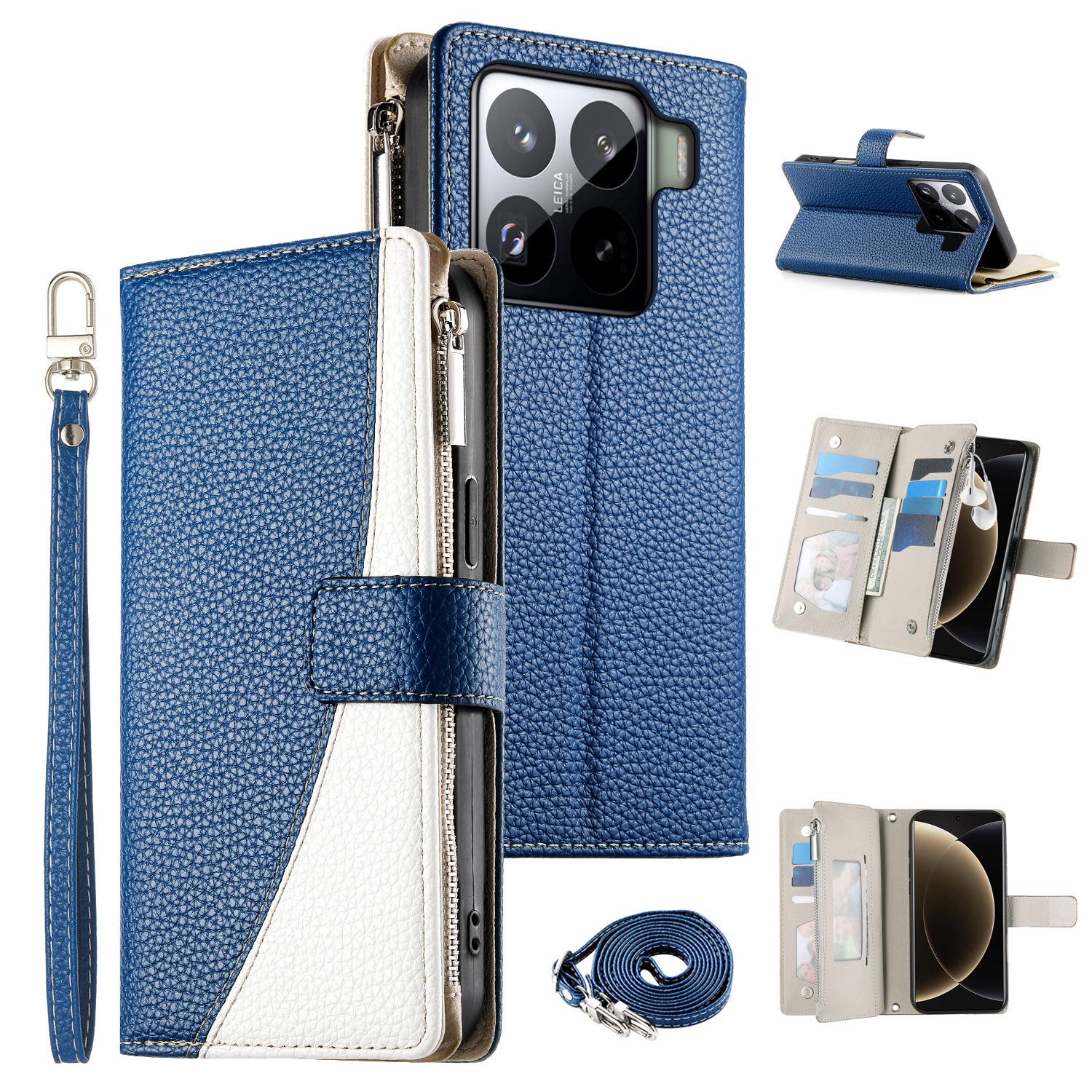 

For Xiaomi 15 Pro Case Zipper Wallet Color Splicing Leather Flip Phone Cover with Straps Dark Blue