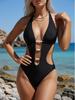 2026 New European & American Solid Color Halter Tie One-Piece Swimsuit