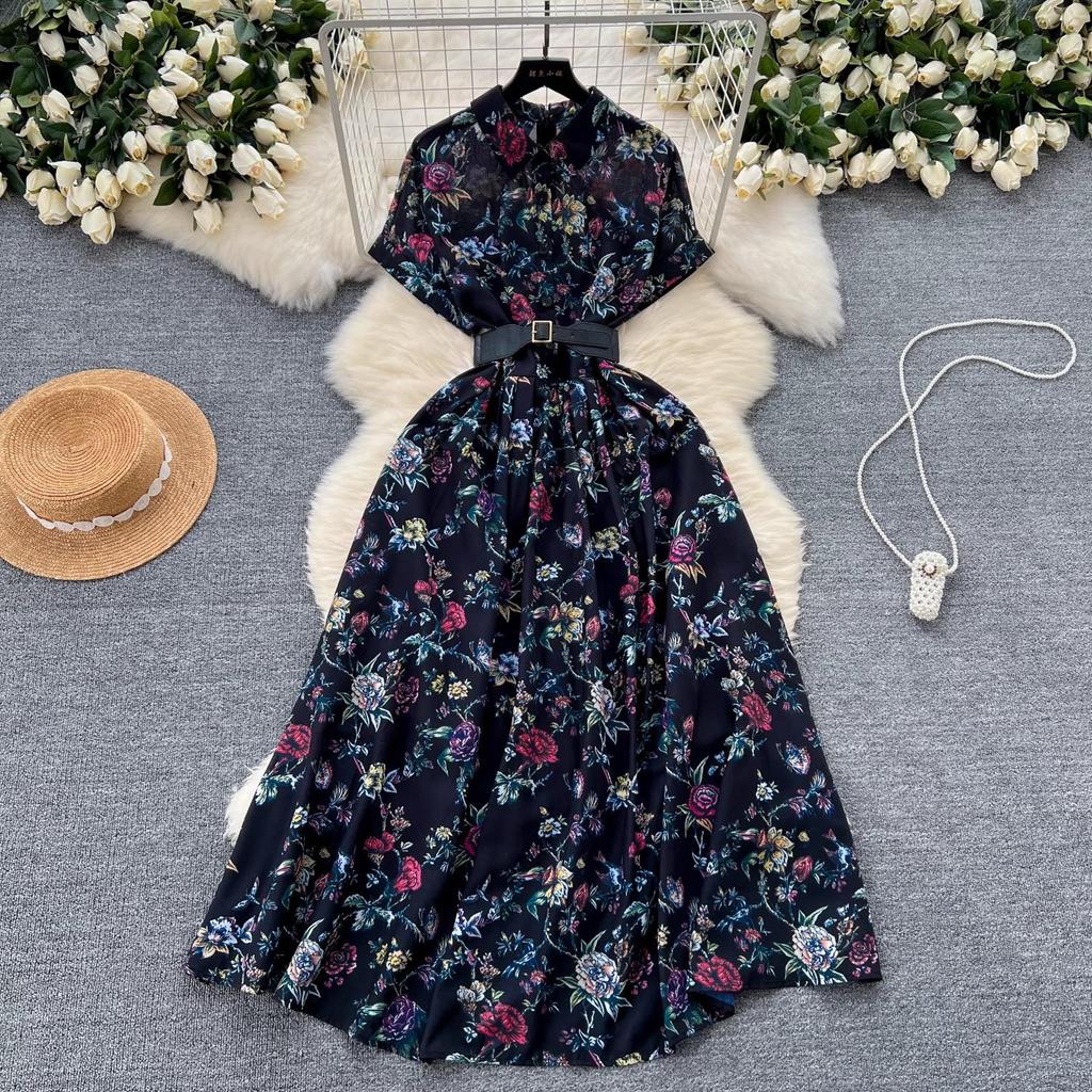 French Vintage Print Lapel Dress Women's Short Sleeve Floral Print High Waist Belt Office Lady Maxi Clothing Female