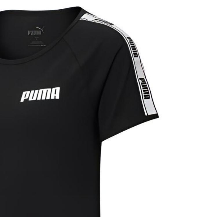 Puma Tape Logo Print Vintage American Style Crew Neck Short Sleeve T-Shirt Women Tops Black 587004-01