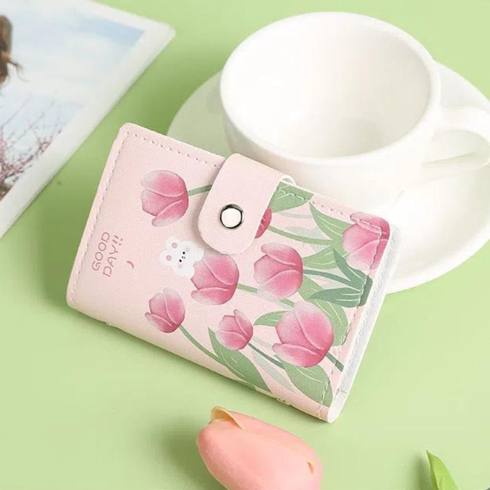 Portable Large Capacity Card Storage Bag Multi-card Slot PU Leather Short Card Bag Bunny Tulip Print Credit Card Holder Women