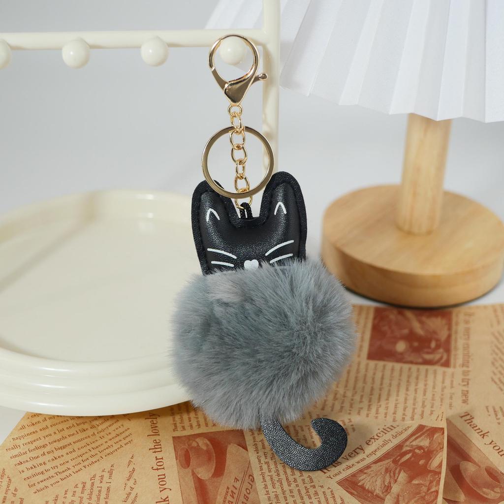 Adorable Black Cat Keychain with Faux Fur Ball Pendant