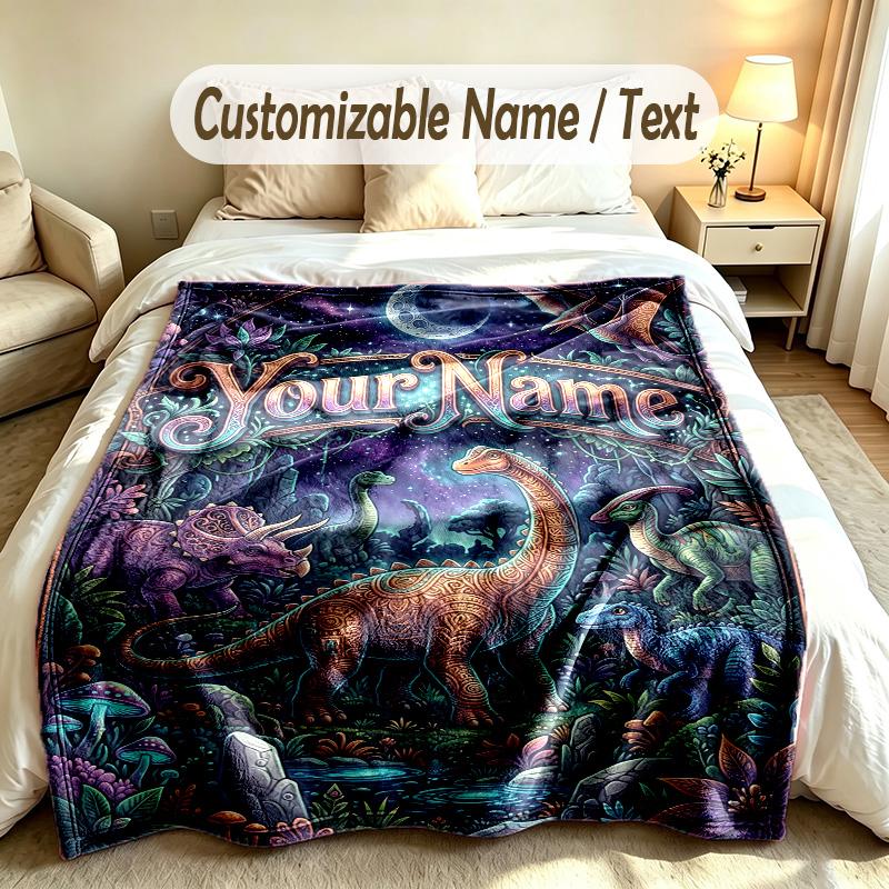 Dinosaur Theme Custom Blanket Personalized Name & Text Customized Soft Warm Throw Blanket Home Decor
