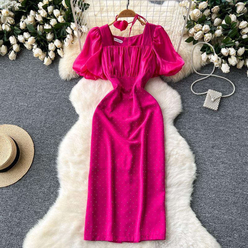 

Socialite Elegant Elegance Dress Women s Fancy Mesh Puff Sleeves Patchwork Waist-Slimming Slim Fit Rhinestone Sheath Dress Rose Red 3XL