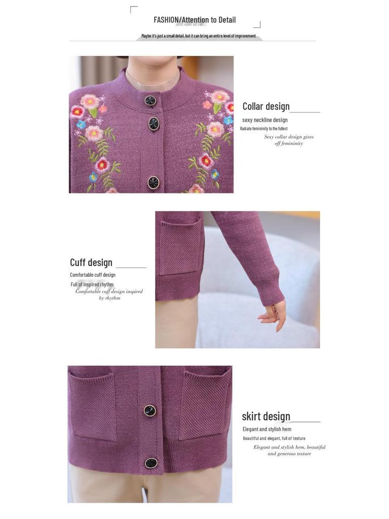 Autumn and Winter Knitwear: Fleece-Lined Cardigan for Middle-Aged and Elderly Women, Featuring Grandma Sweater and Mom's Outfit Styles.