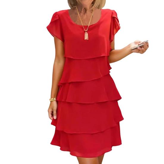 Women Chiffon Dress with Ruched Edge Round Neck Short Sleeves Multi-Layer Design Summer Midi