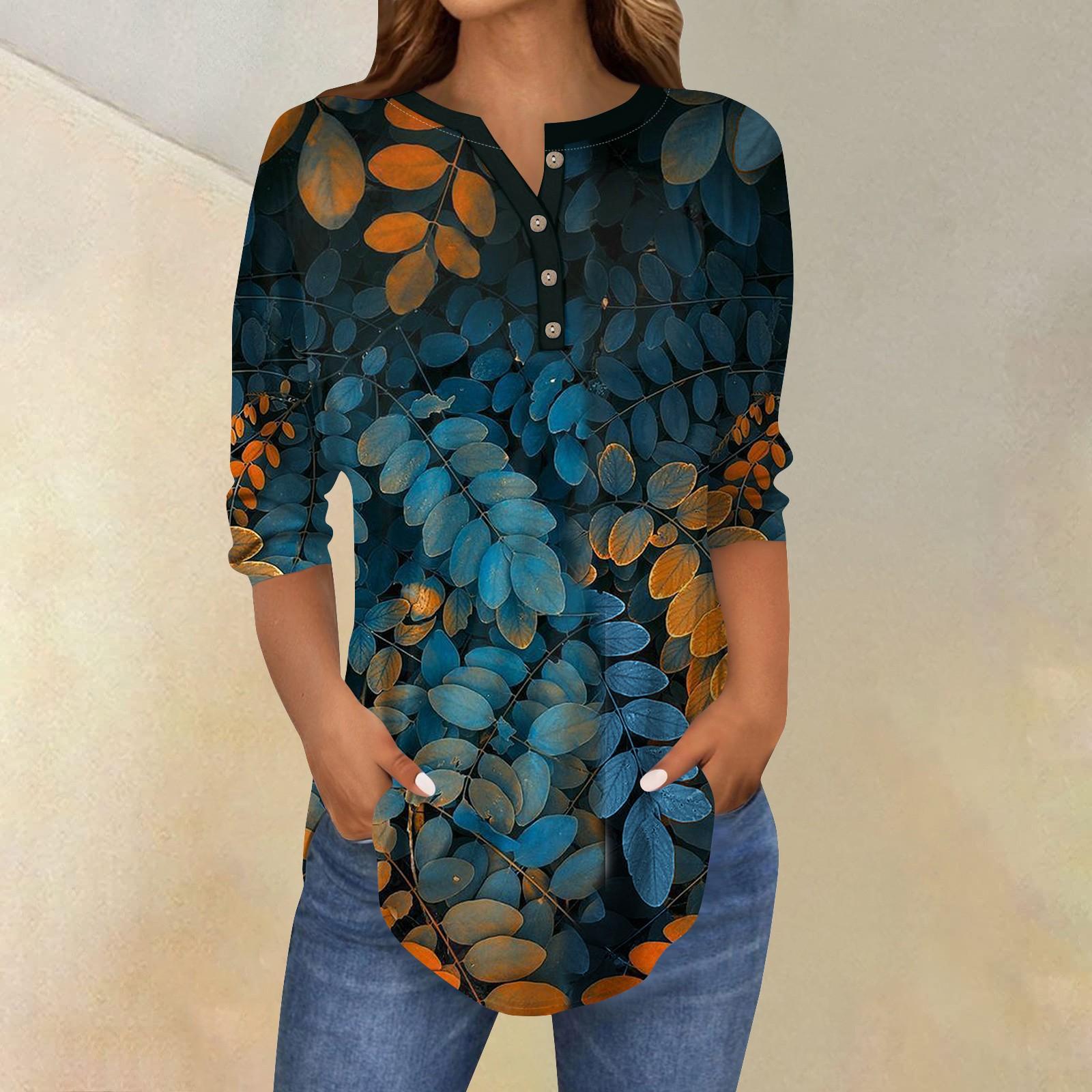 

Женские топы с рукавами 3/4, летние футболки с цветочным принтом и V-образным вырезом, повседневные базовые футболки с пуговицами, туники XXXL темно-зеленого