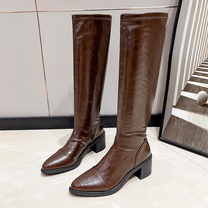 Korean version of temperament boots female pointed 2025 simple sleeve high boots but knee thick heel elastic knight boots