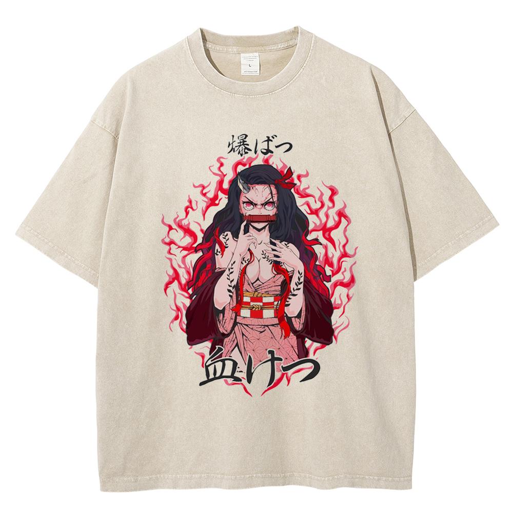 Anime Demon Slayer Kamado Nezuko Graphic Tee Men Women Manga Cotton T-shirts Oversized Washed Tshirt Harajuku Male T Shirt